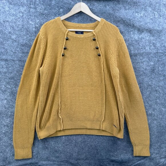 Abercrombie & Fitch Sweater Womens XL Gold Pullover Knit Ribbed Button Crew - Picture 1 of 9